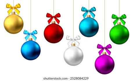 Realistic  red, gold, silver, blue, green, purple  Christmas  balls  with bow on white background.  New Year bauble. Vector  Xmas  tree decoration.