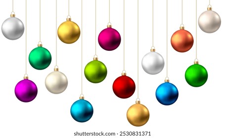 Realistic  red, gold, silver, blue, green, purple  Christmas  balls  isolated on white background.  New Year bauble. Vector  Xmas  tree decoration.