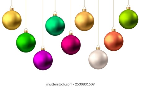 Realistic  red, gold, silver, blue, green, purple  Christmas  balls  isolated on white background.  New Year bauble. Vector  Xmas  tree decoration.