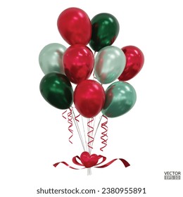 Realistic red and green Bunch of balloons with heart, ribbons isolated on Background. Bouquets of balloons Flying for Party, card, decor, Birthday, Christmas, Celebrations. 3D Vector Illustration.