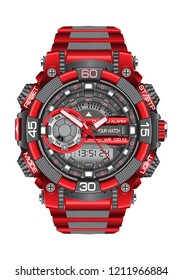 Cronógrafo de reloj gris rojo realista, moderno para hombres en ilustración vectorial de fondo blanco.
