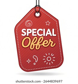 Realistic red hanging tag with "Special Offer" text in white script, ideal for promotional materials, store ads, or product packaging.