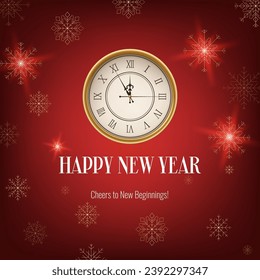 Banner realista rojo feliz año nuevo, con reloj y copos de nieve. Decoración temática de oro y Navidad. Adecuado para invitaciones, saludos y promociones de eventos. No se genera IA.