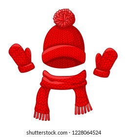 Realistic red hat with a pompom, scarf and mitten set knitted seasonal winter