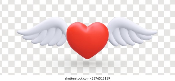 Realistic red heart with angel wings. Concept of sale. Heart for Valentine day of romantic postcard. Vector illustration in 3d style with place for text