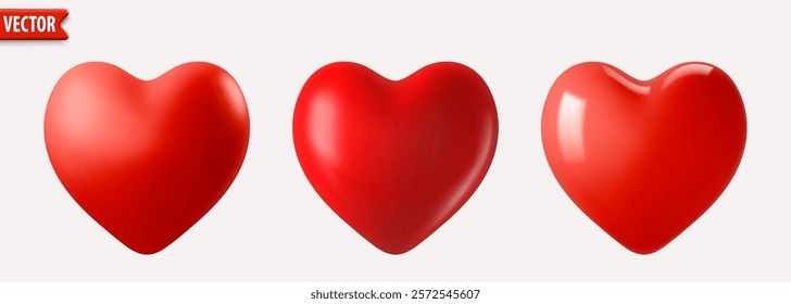 Realistic red heart icons. Set of three glossy and soft 3d heart balloons isolated on white background Vector collection love symbol decoration for Valentines Day, Mother day, wedding or birthday