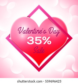 Realistic red heart with an inscription in centre text Valentines Day Sale 35 percent Discounts in pink square frame. SALE concept for shopping, mobile devices, online shop. Vector illustration.