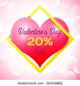 Realistic red heart with an inscription in centre text Valentines Day Sale 20 percent Discounts in yellow square frame. SALE concept for shopping, mobile devices, online shop. Vector illustration.