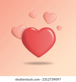 Realistic red heart with pink smaller hearts. 3d Hearts design love symbols. Vector hearts with shadow and highlights.