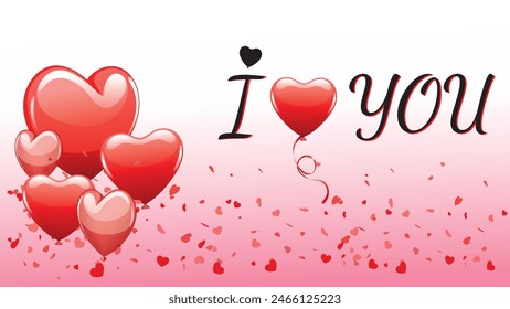 realistic red heart shaped balloons with i love you text, balloons on gradient pink and white background. used on Party decorations for married, couple love or Valentine's Day