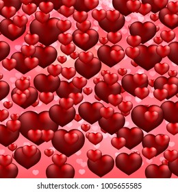 Realistic red hearts confetti on pink gradient background.  Valentine’s day vector illustration. Easy to edit design template for your artworks.