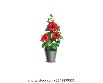 Hibisco vermelho realista em um pote isolado no fundo branco. Arbusto de hibisco em um pote de terracota
Hibisco vermelho realista no potenciômetro - planta vibrante do hibisco isolada para a jardinagem, decoração de casa, e botânica