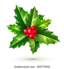 Realistic red holly berry and green leaves bunch. Vector Christmas ornament isolated on white background.
