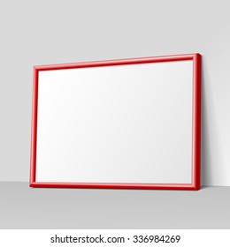 Realistic red horizontal frame for paintings or photographs leaning against the wall.  MockUp Template For Your Design. Vector illustration.