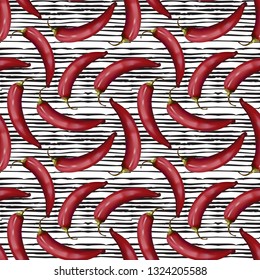Realistic red hot chili peppers seamless pattern on doodle line background. Spices endless texture. Can be used for kitchen design, wrapping paper and wallpaper. Vector illustration