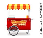 Realistic red hot dog cart with striped canopy. Kiosk seller of fast food with illustration of hot dog and bottles of mustard and ketchup. Street business, food market. Vector 3d illustration
