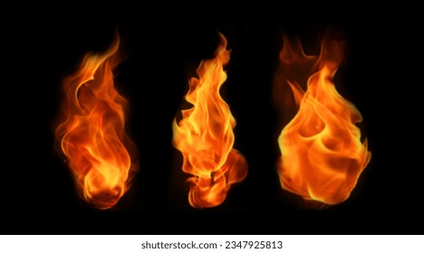 Realistic red hot flames isolated on black background. Set of bright dynamic fire. Vector illustration