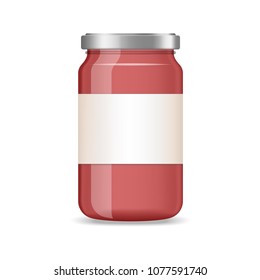 Realistic red jar of jam, juice with label vector mockup