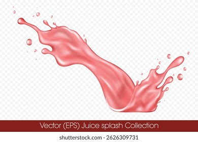 Realistic Red juice splash with droplets isolated on transparent background, vector (EPS) illustration. Transparent red liquid frozen motion illustration, layered, easy to edit