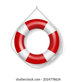 Realistic red lifebuoy with rope. Rescue belt for help and safety, lifesaver symbol for passengers of sea ship or cruise liner. 3d vector illustration