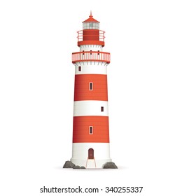 Realistic red lighthouse building isolated on white background vector illustration