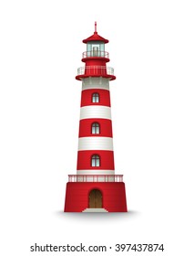 Realistic red lighthouse building isolated on white background. Vector illustration EPS10