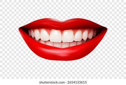 Labios rojos realistas con los dientes blancos – Vector sonriente de la boca en fondo transparente