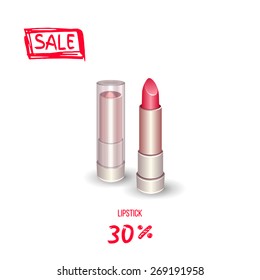 Realistic red lipstick. Closed and opened samples isolated on white background. Highly detailed illustration for your design. Vector.
