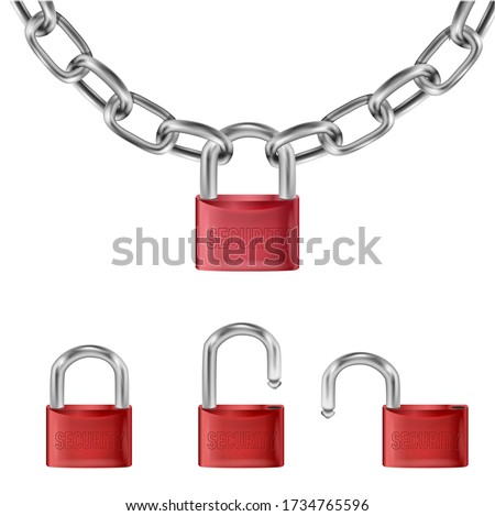realistic red lock on Metal chain links, open lock and open with the inscription security. Length of Chain Isolated on White Background