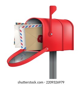 Composición realista del buzón de correo rojo con cuatro sobres con letras dentro de la ilustración vectorial de fondo blanco