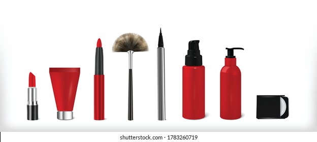 Realistic Red Makeup Set. Cosmetic Mockup with Lipstick Pencil, Eyeliner, Soap, Moisturizing Nourishing Cream Isolated on White Backgriund, Vector 3d Illustration