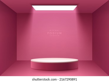 Realistic red maroon, Pink abstract 3d studio room with realistic pedestal podium and glowing ceiling light. Abstract minimal wall scene for mockup products display, Stage for showcase. Vector EPS10.