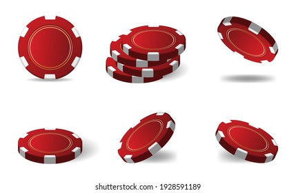 Realistic red matte casino chips for poker or roulette. Elements to design logo, website or banner. Vector illustration isolated on white background.