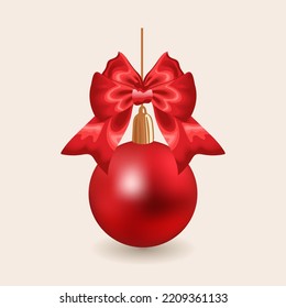 Realistic red matte Christmas ball with satin bow and shadow. Isolated vector illustration for stickers, posters, cards, design elements.