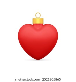 Realistic red matte passion Christmas bauble heart shape with golden luxury loop for hanging decorative design 3d template vector illustration. Luxury Xmas spruce toy ball symbol of passion and love