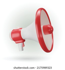 El megáfono rojo realista se aísla sobre fondo blanco. El altavoz está cubierto de fondo blanco. Icono de megáfono rojo vector. Ilustración vectorial 3D.