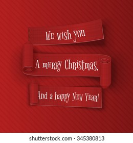 Realistic red merry Christmas and happy New Year Ribbons Set on striped Background. Vector Illustration