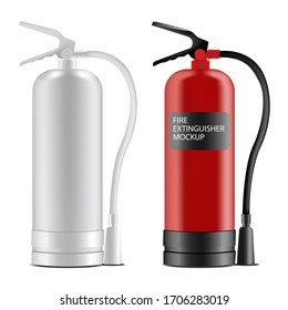 realistic red and metal fire extinguisher mockup vector illustrations