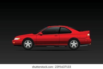 Realistic red mid size US specification coupe in the dark gradient background illustration vector.
