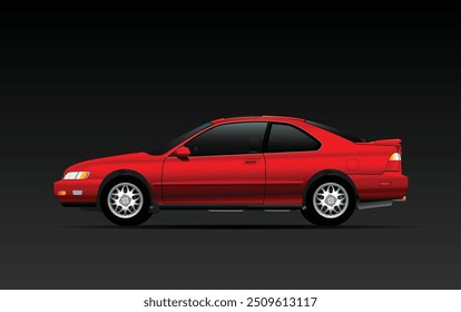 Cupé de especificación estadounidense de tamaño mediano rojo realista en el degradado oscuro con llantas de aleación deportivas en Vector de ilustración de fondo de degradado oscuro.