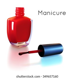 Realistic red nail polish bottle with wet brush design on white background. Vector illustration.