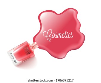 Realistic red nail polish spilled drop shape with text template copy space. Colorful nail varnish bottle mockup with shiny spill puddle, isolated vector illustration.