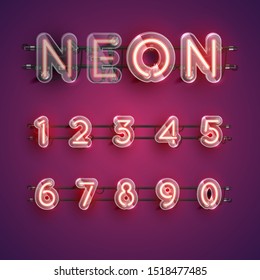 Realistic red neon character set with plastic case around, vector illustration