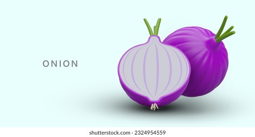 Realistic red onion. Supply of fresh vegetables. Juicy onions for salads, sandwiches, other dishes. Advertising poster for grocery shop. 3D detailed illustration with shadows