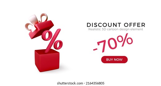 Caja abierta roja realista con arco rosado y símbolo porcentual en el interior. Oferta comercial de descuento. Banner de feriado de Big Sale. Ilustración del vector