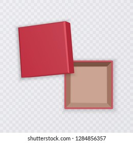 Realistic Red open empty square cardboard box, isolated on transparent background. Template, Mockup for design products, package, branding, advertising. Top view. Vector illustration.