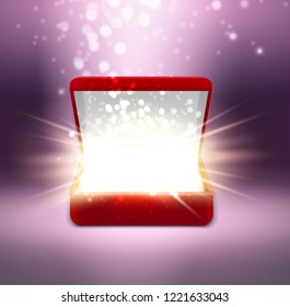 Realistic red open jewelry box with shine on blurred purple background vector illustration