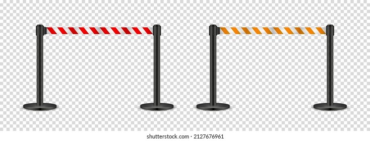 Realistic red and orange retractable belt stanchion on transparent background. Crowd control barrier posts with caution strap. Queue lines. Restriction border and danger tape. Vector illustration.