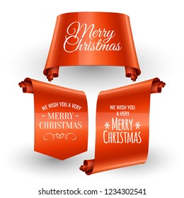 Realistic Red paper banners set. Merry Christmas. Vector illustration