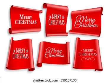 Realistic Red paper banners set. Merry Christmas. Vector illustration